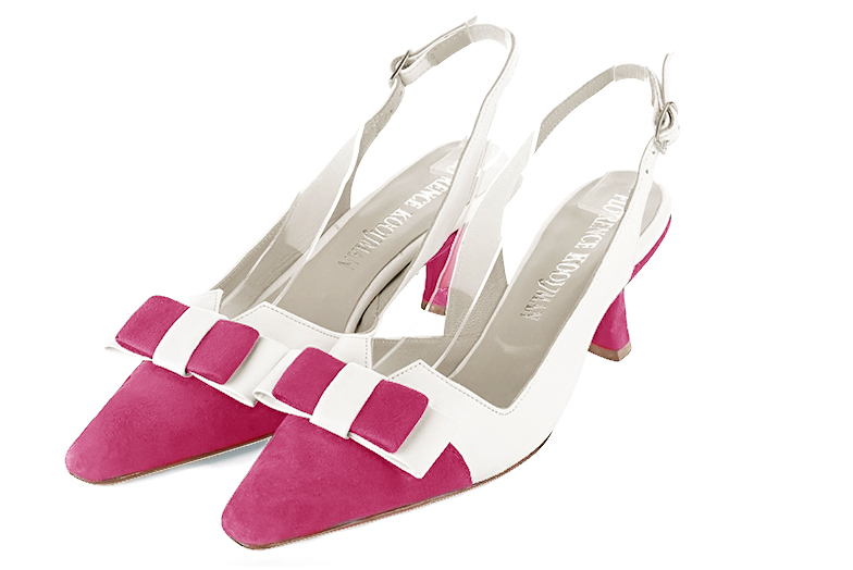 Fuschia pink and off white women's open back shoes, with a knot. Tapered toe. Medium spool heels. Front view - Florence KOOIJMAN